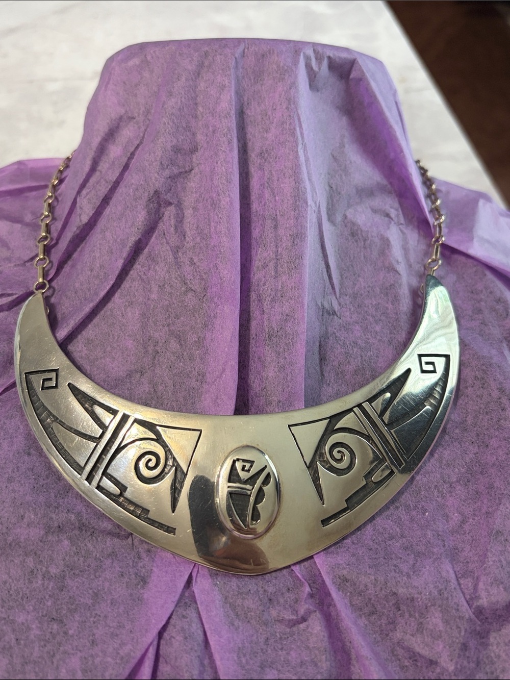 Sterling Silver Tribal Crescent Statement BibNecklace. Unmarked. Acid tested.